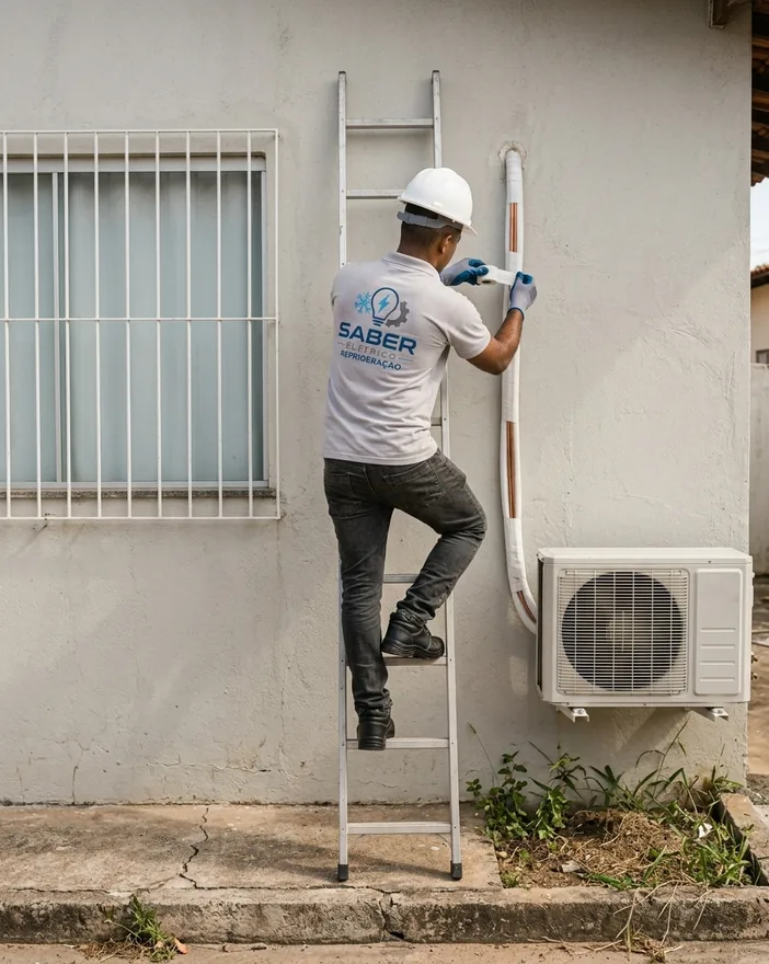 Técnico da Saber Elétrico fazendo o acabamento da tubulação na parede externa